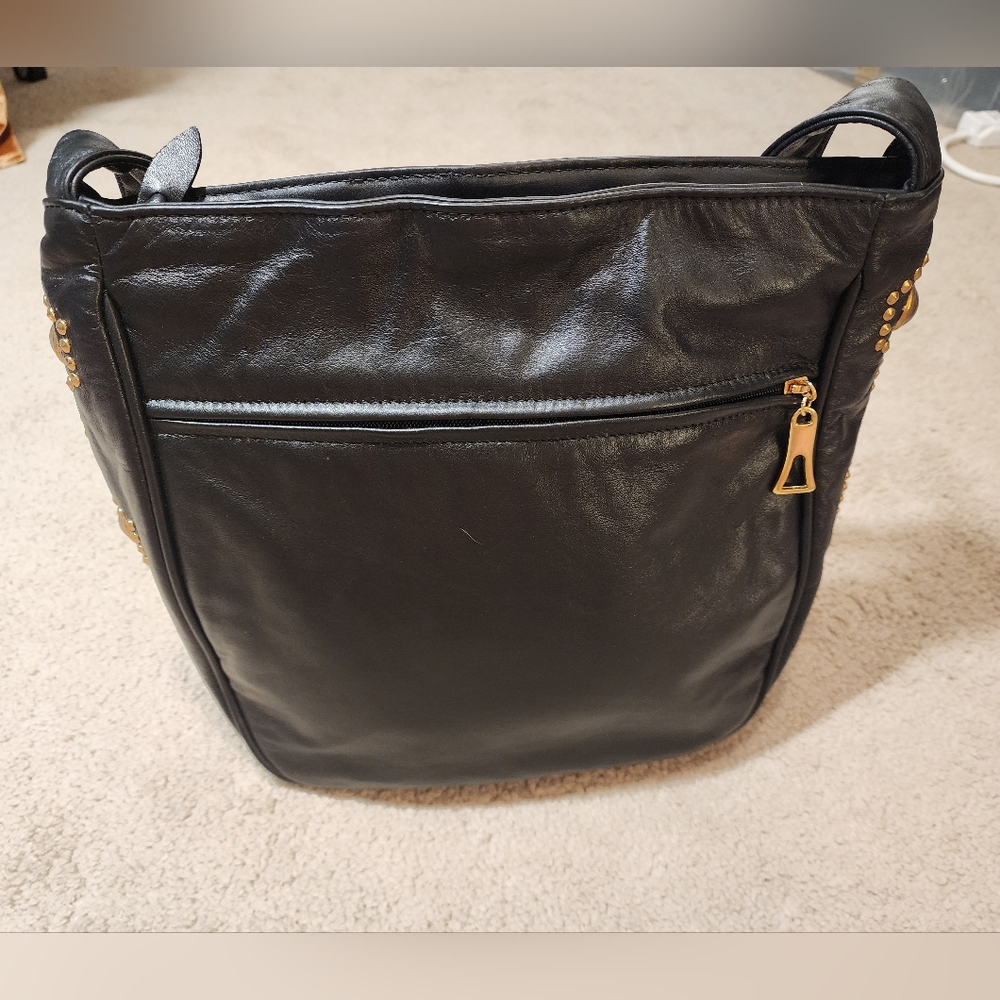 Dawli Large Black Soft Leather Shoulder Bag Jeweled Sides Long Strap Old Money